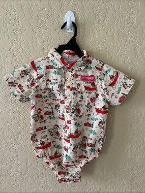 Magellan Outdoors Cream Button-Front Kids Romper with Red & Green Boat Print